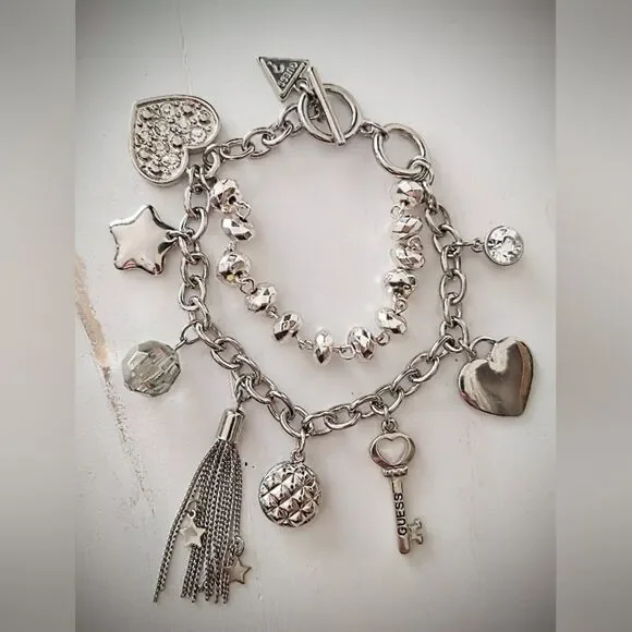 Blingy Guess Silver Tone Dangle Charm Bracelet